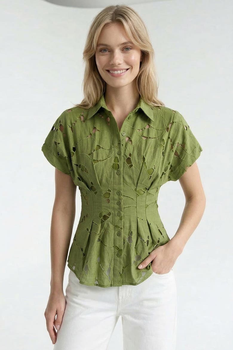 Adalene Shirt Collar Short Sleeve Eyelet Shirt, Alternate, color, Green
