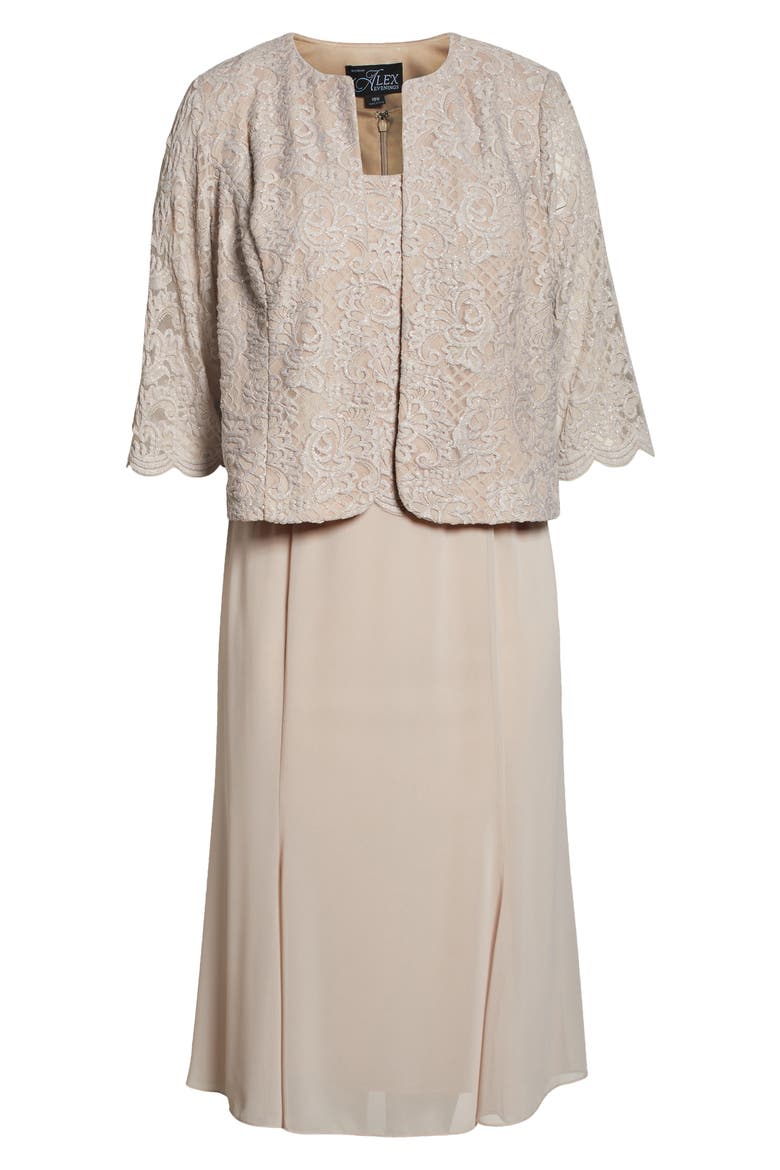 Metallic Lace & Chiffon Dress with Matching Jacket, Alternate, color, TAUPE