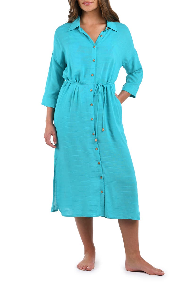 La Blanca Sea Cover Button-Up Cover-Up Dress, Main, color, Teal