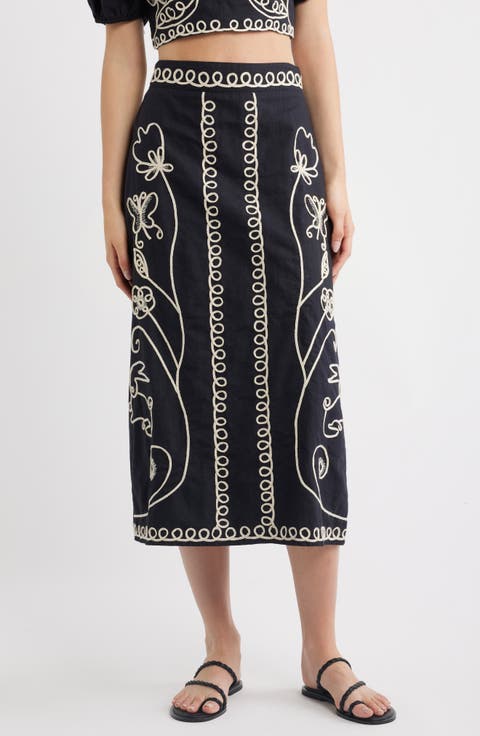 Sorina Embroidered Cotton & Linen Midi Skirt