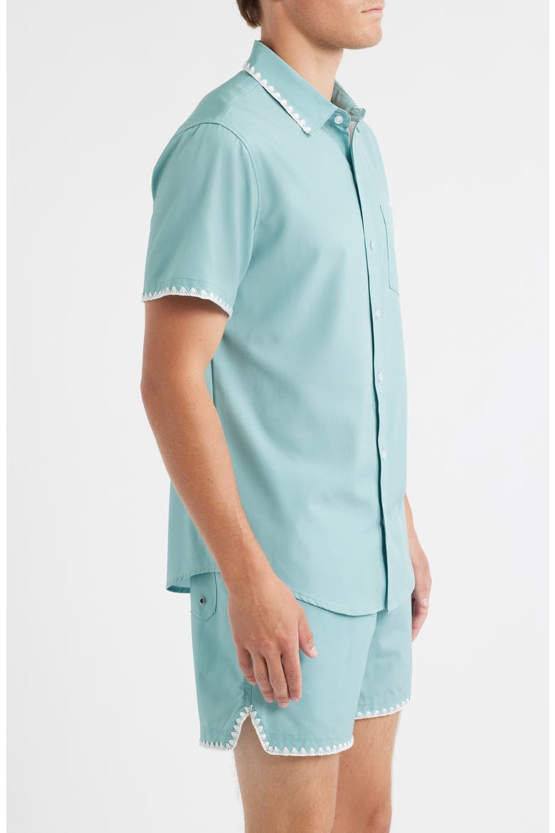 Crochet Trim Short Sleeve Performance Button-Up Shirt, Alternate, color, BLUE