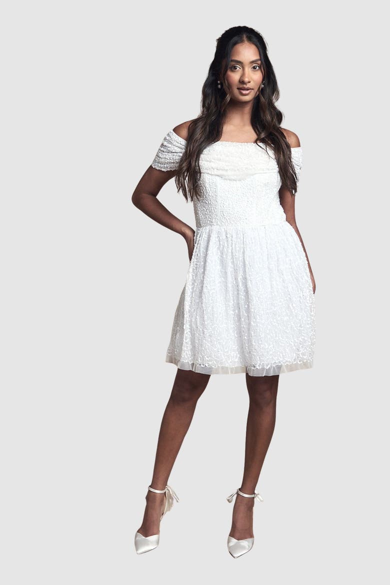 Bardot Embellished Bridal Mini Dress, Main, color, Ivory