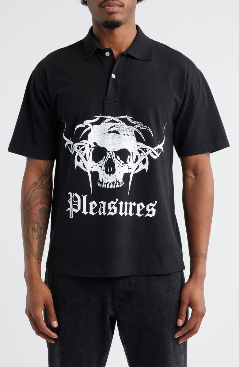 PLEASURES Tradition Cotton Graphic Polo, Main, color, Black