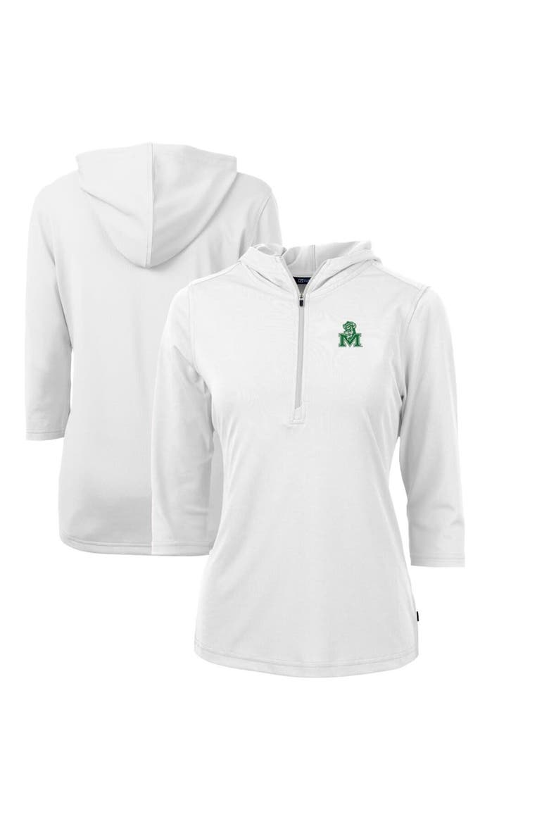 Women's Cutter & Buck White Marshall Thundering Herd Vault Virtue Eco Pique Recycled Half-Zip Pullover Hoodie, Main, color, White