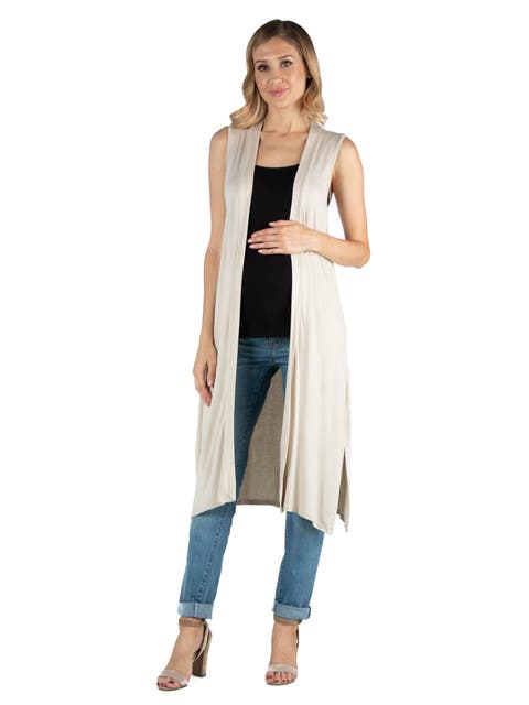 Maternity Sleeveless Long Cardigan with Side Slit