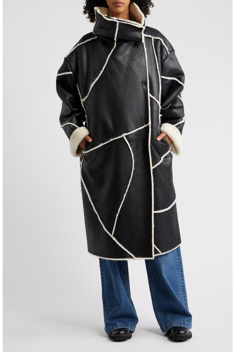 Emberlynn Oversize Faux Leather & LuxeFluff Long Coat, Main, color, BLACK