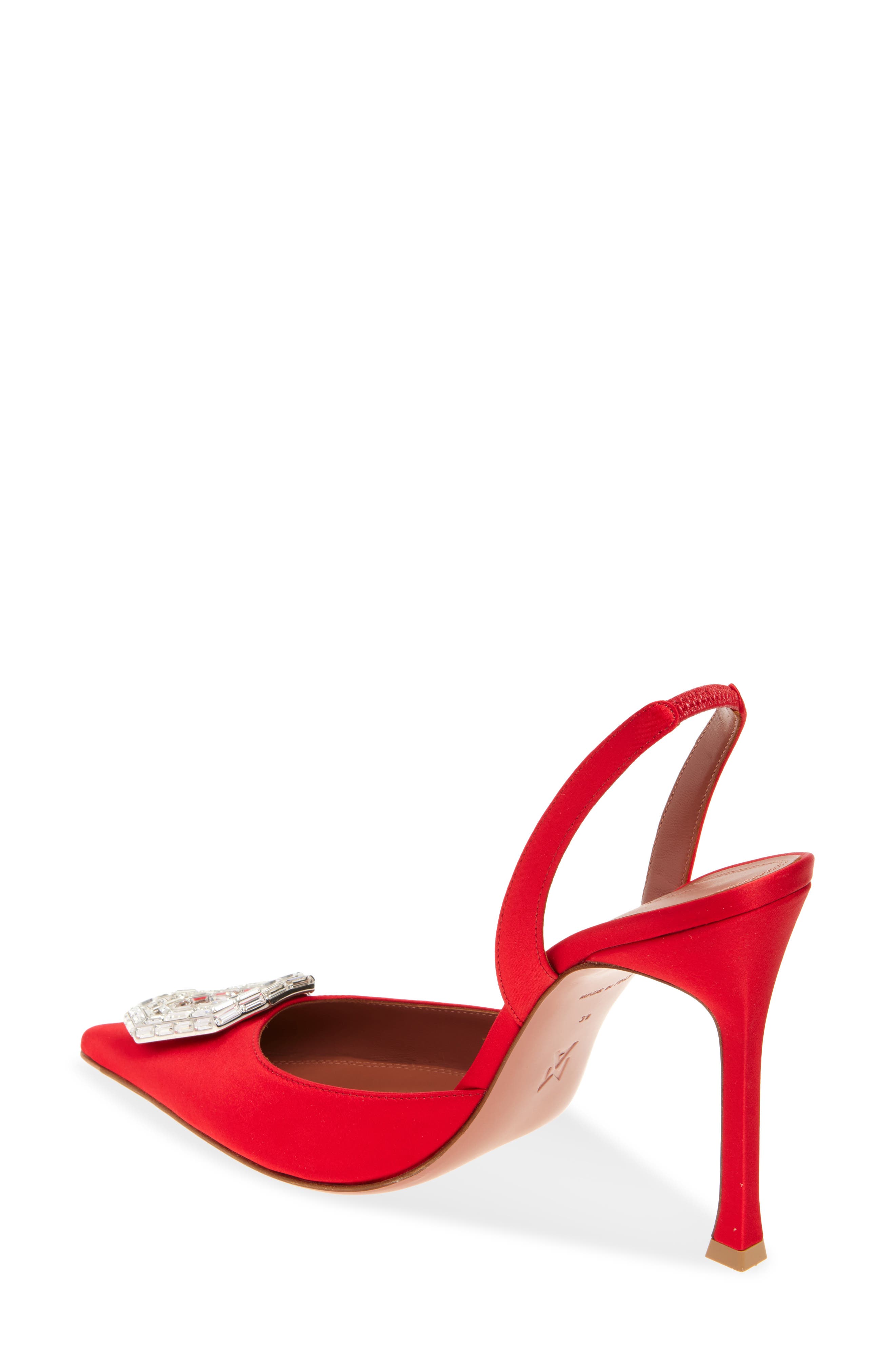 Amina Muaddi Camelia Crystal Buckle Slingback Pump, Alternate, color, Satin Red/ White Buckle