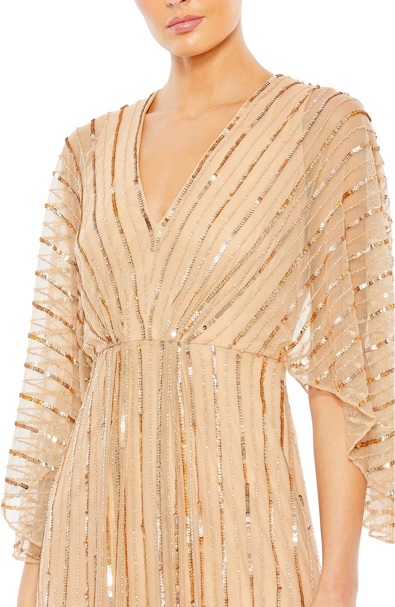 Mac Duggal Sequin Beaded Stripe Cape Sleeve V-Neck Gown, Alternate, color, Taupe