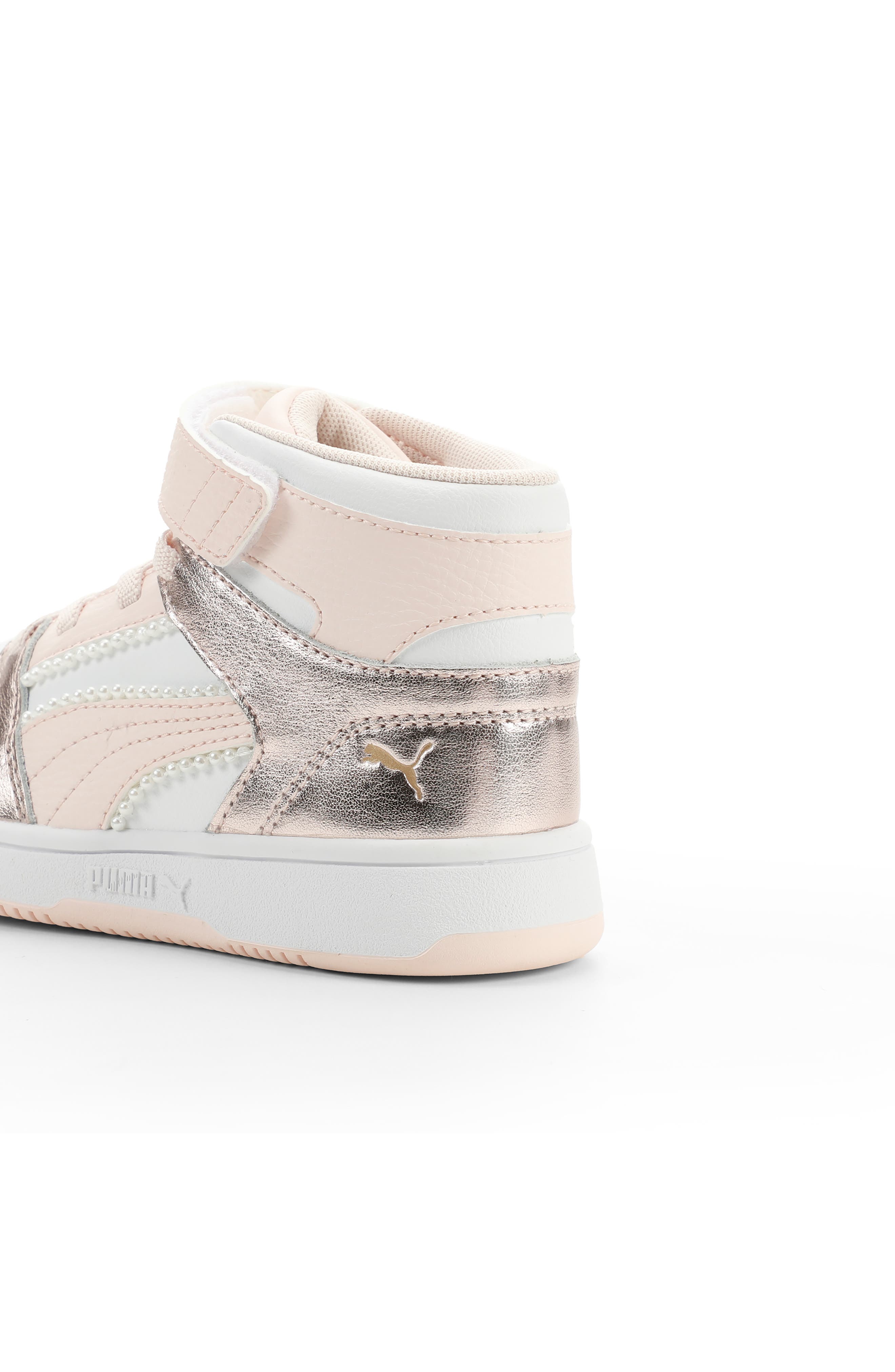 PUMA Kids' Rebound Layup High Top Sneaker, Alternate, color, Puma White/ Jasmine/ Gold