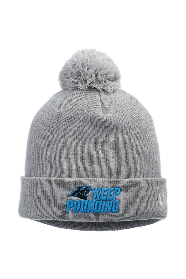 Men's New Era Gray Carolina Panthers Keep Pounding Cuffed Knit Hat with Pom, Main, color, Gray