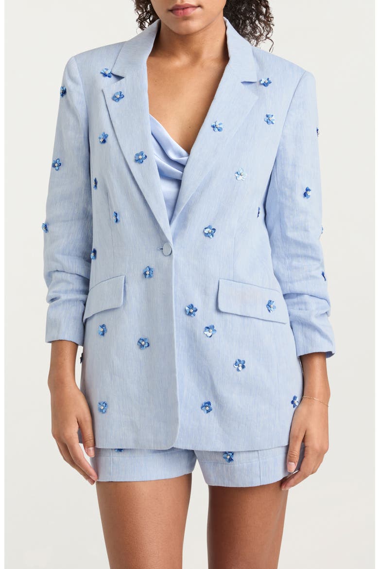 Kylie Floral Appliqué Linen & Cotton Blazer, Main, color, BLUE HYDRANGEA
