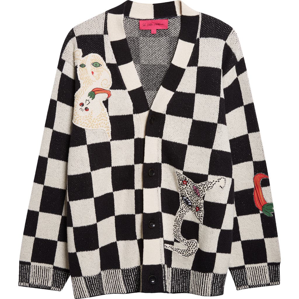 The Elder Statesman Nora Lite Creatures Check-pattern Embroidered Cardigan In Black