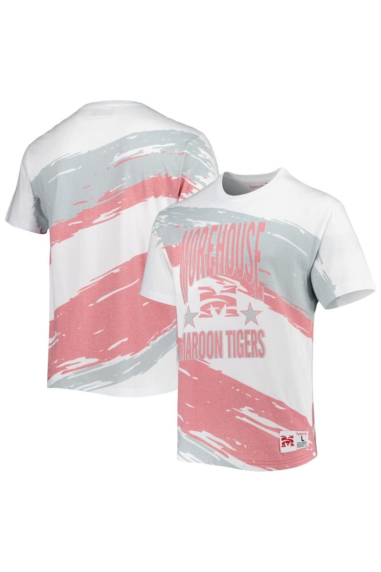Men's Mitchell & Ness White Morehouse Maroon Tigers Paintbrush Sublimated T-Shirt, Main, color, White
