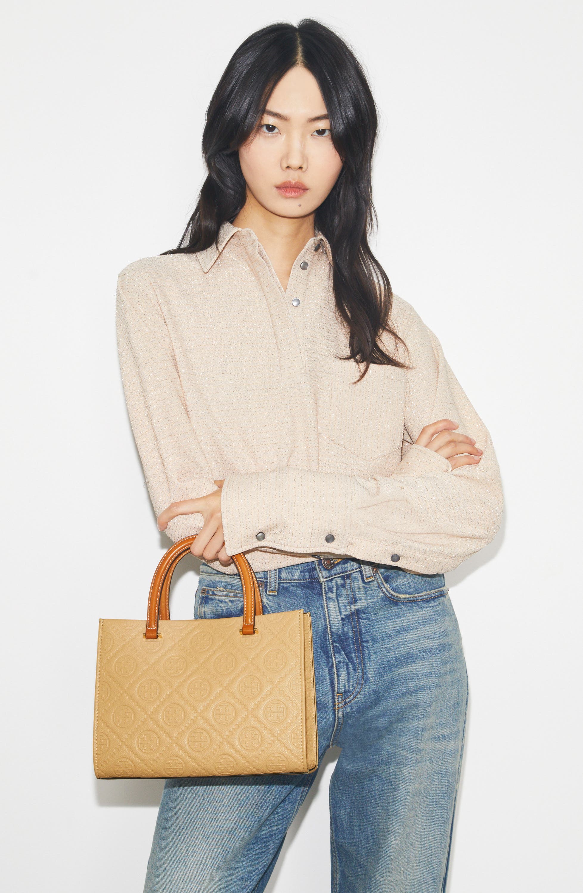 Tory Burch T Monogram Pebble Leather Square Tote, Alternate, color, Biscotti