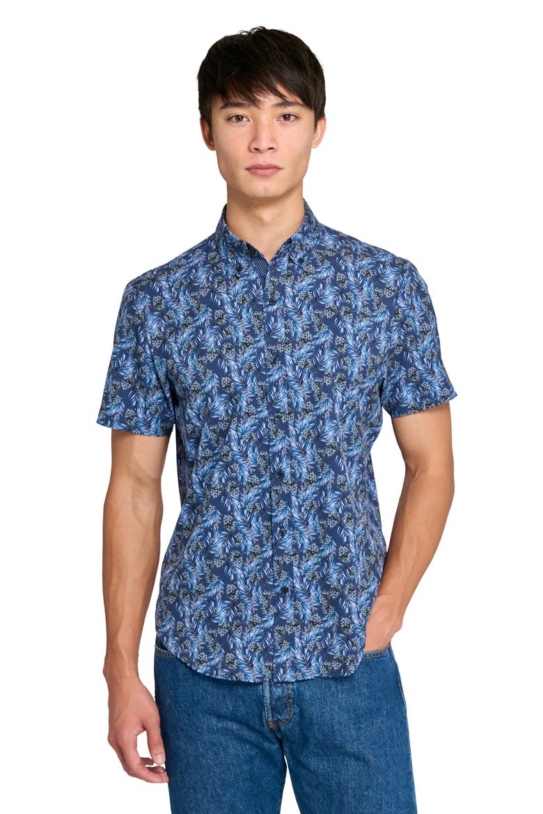 Slim Fit Pine Cone Print 4-Way Stretch Short Sleeve Shirt, Alternate, color, NAVY