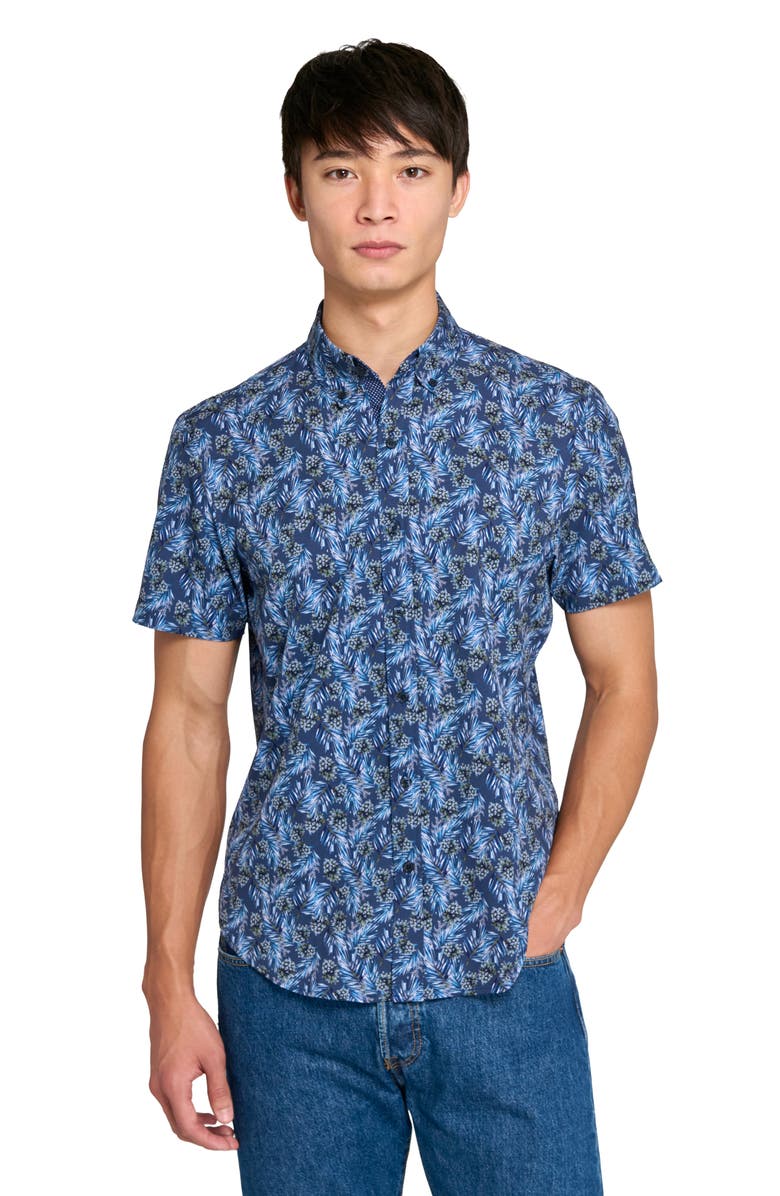 CONSTRUCT Slim Fit Pine Cone Print 4-Way Stretch Short Sleeve Shirt, Alternate, color, Navy