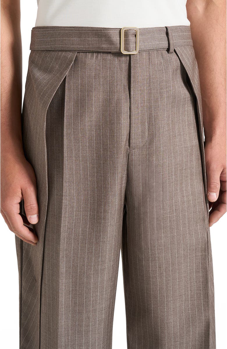 Manière De Voir Charles Wide Fit Wrap Leg Pinstripe Tailored Trousers, Alternate, color, Taupe