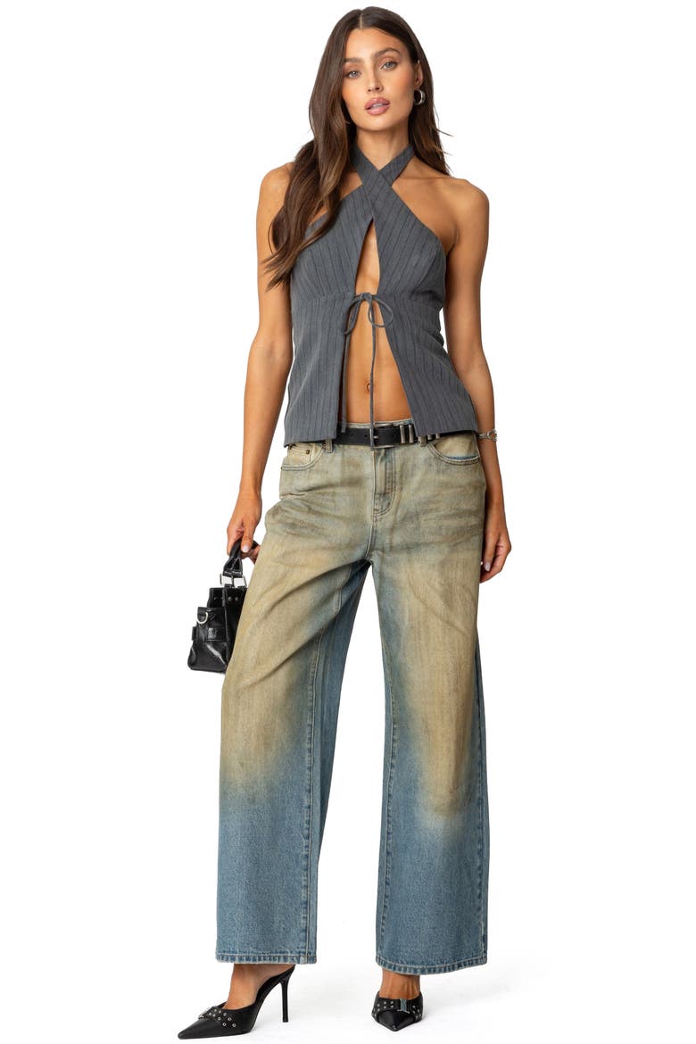 Pinstripe Split Front Halter Top, Alternate, color, GRAY
