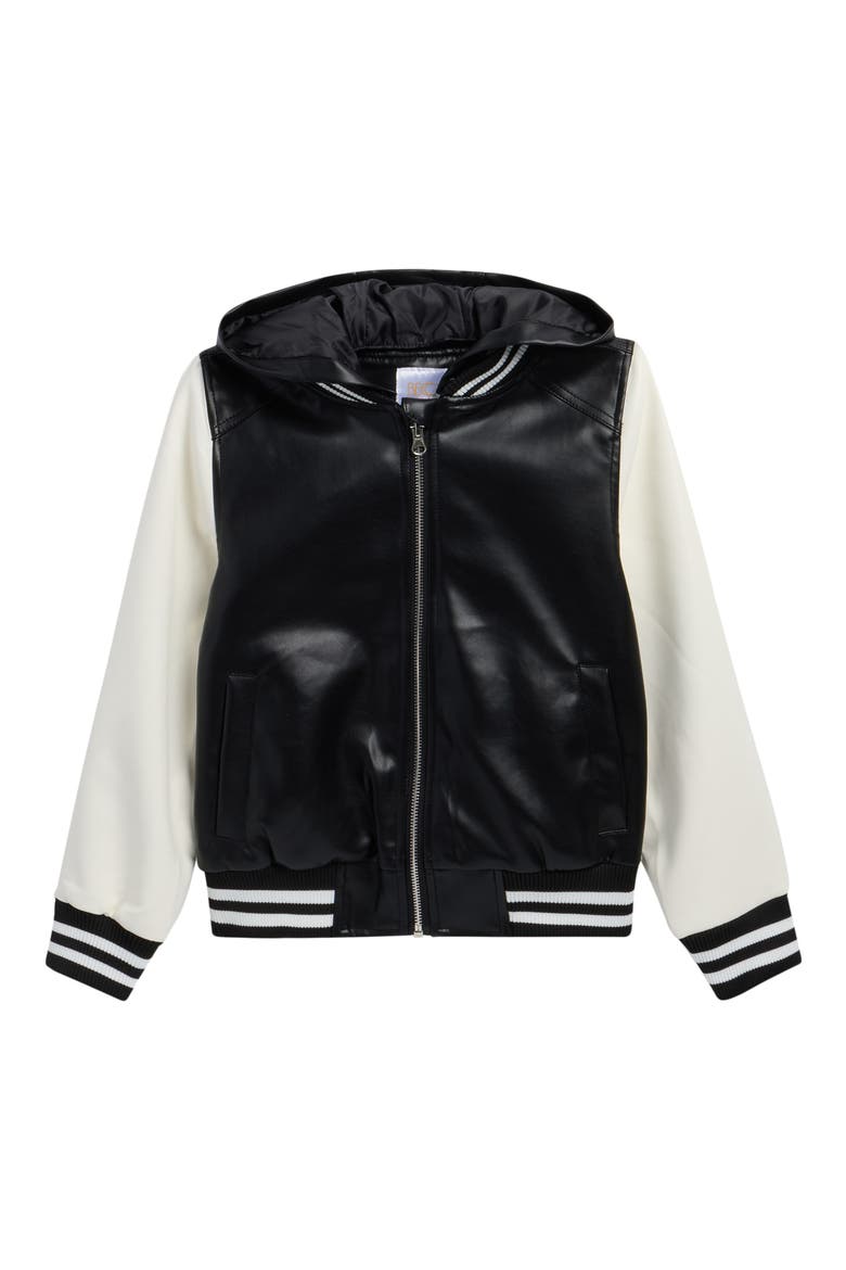 Faux Leather Varsity Bomber, Main, color, BLACK