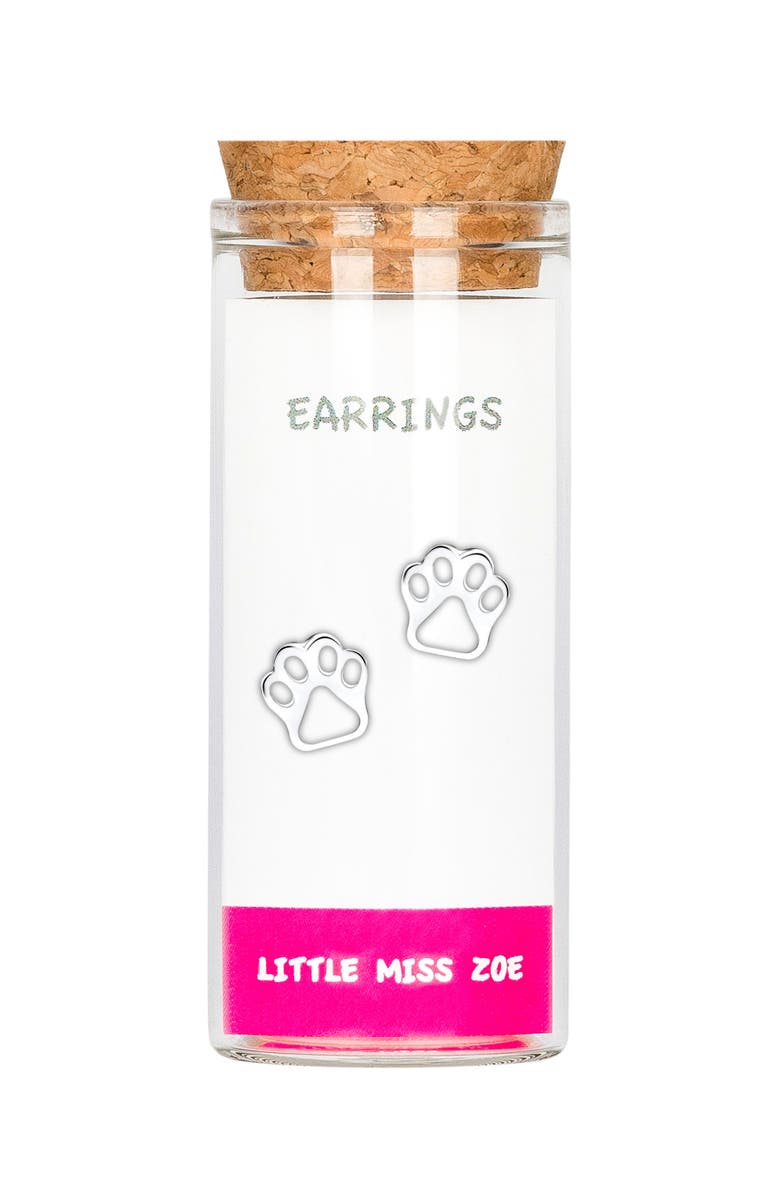 Little Miss Zoe Kids' Sterling Silver Paw Stud Earrings in Gift Bottle, Main, color, Silver