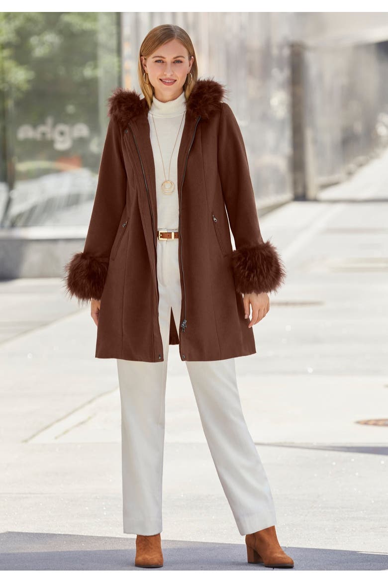 Hooded Faux Fur Trim Coat, Alternate, color, RICH BROWN