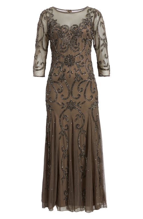 Pisarro Nights Beaded Illusion Neck Gown In Brown