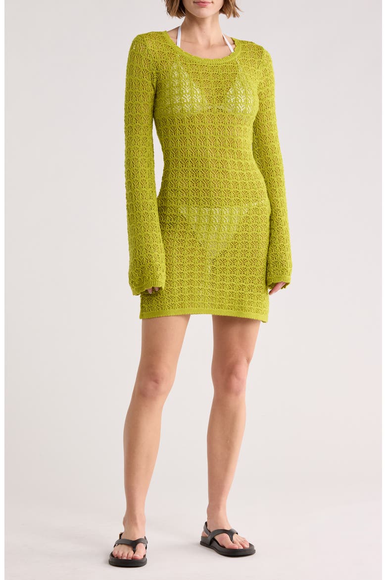 Crochet Long Sleeve Cover-Up Dress, Main, color, OLIVE CITRON