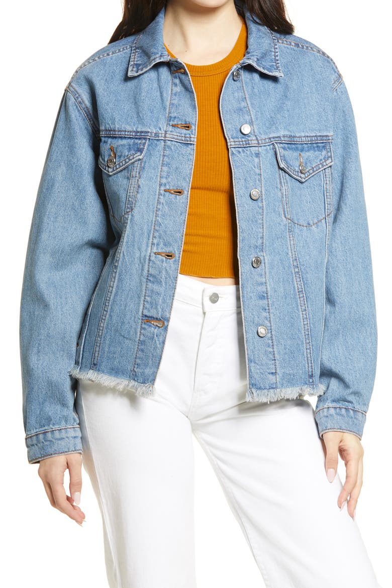 Oversize Raw Hem Denim Jacket, Main, color, MID DENIM