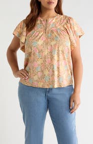 Wit & Wisdom Floral Flutter Sleeve Quarter Zip Top