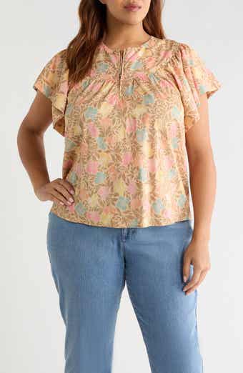 Floral Flutter Sleeve Quarter Zip Top