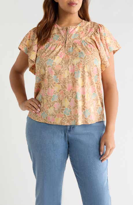 Floral Flutter Sleeve Quarter Zip Top