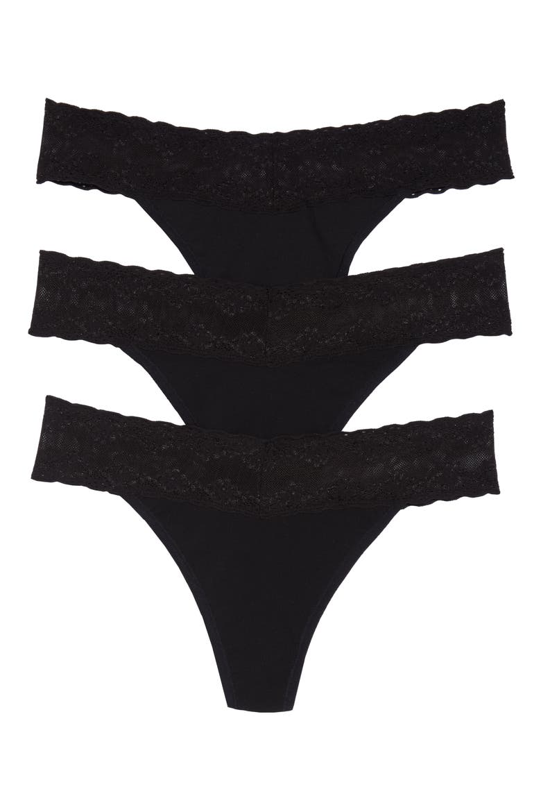 Bliss 3-Pack Perfection Lace Trim Thongs, Main, color, BLACK