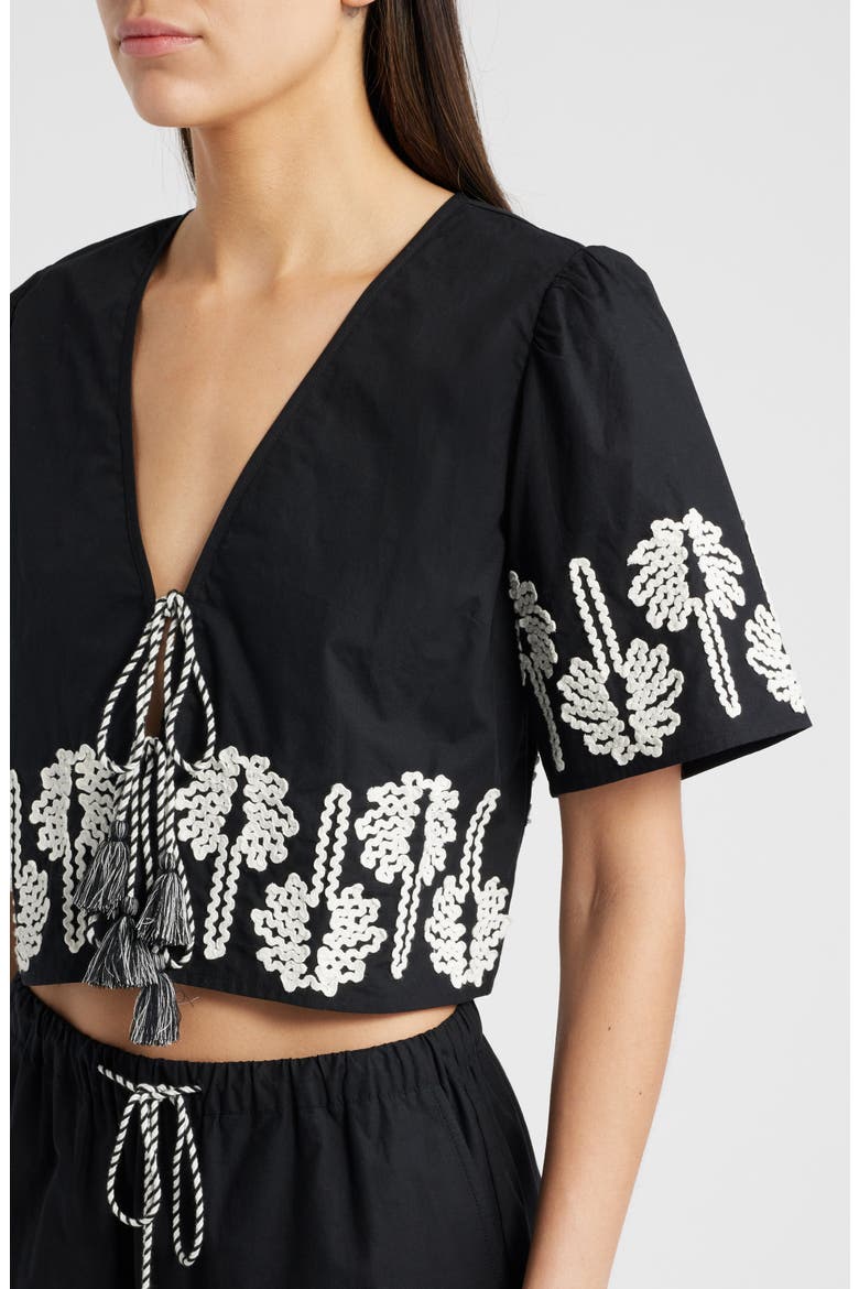Pari Rickrack Palms Tie Front Cotton Crop Top, Alternate, color, BLACK IVORY PALM TREES