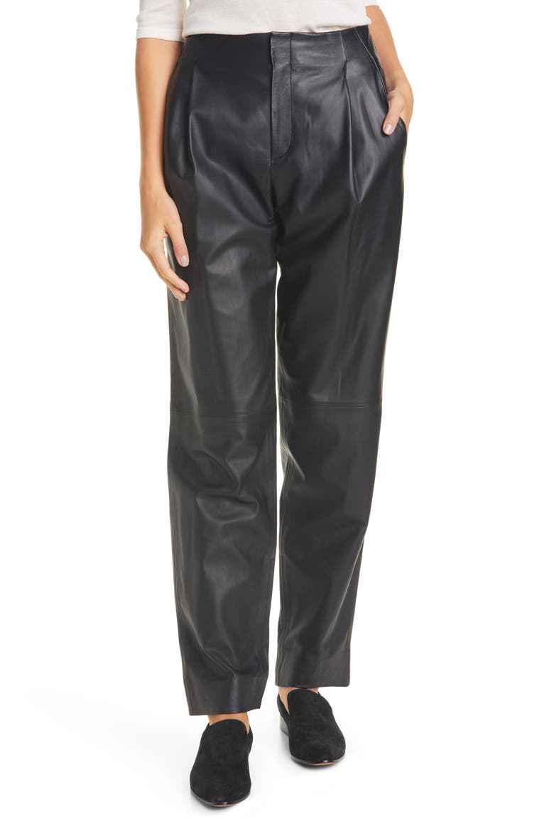 Pleat Front Tapered Leather Trousers, Main, color, BLACK