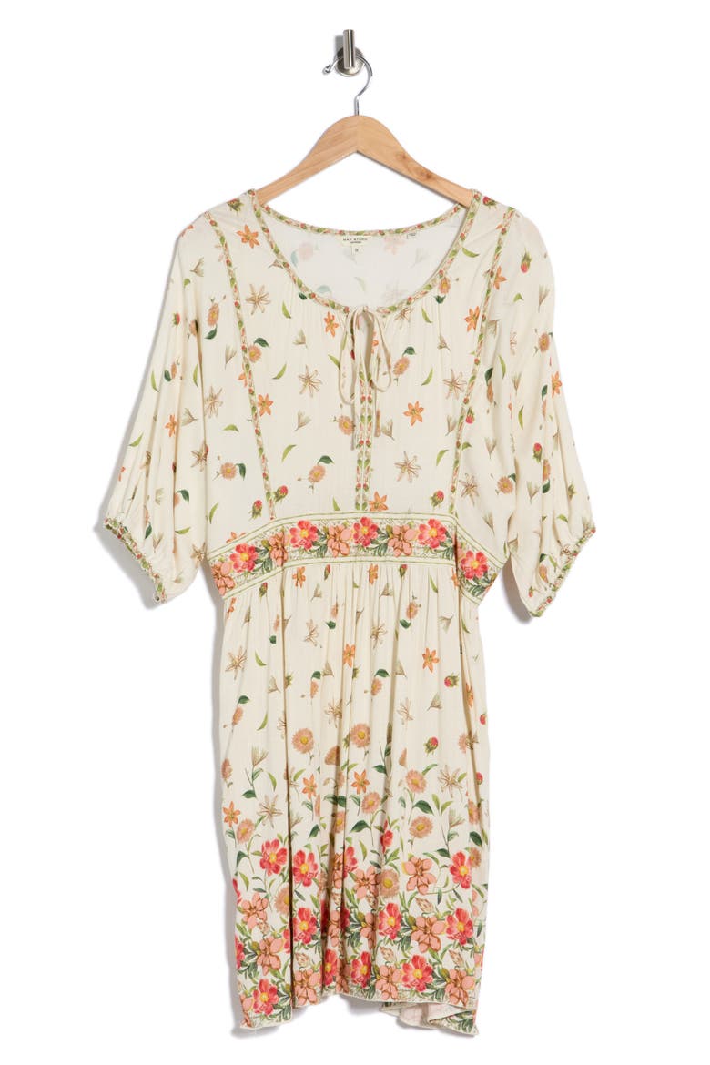 Floral Puff Sleeve Dress, Alternate, color, NATURAL/ RED POPPY