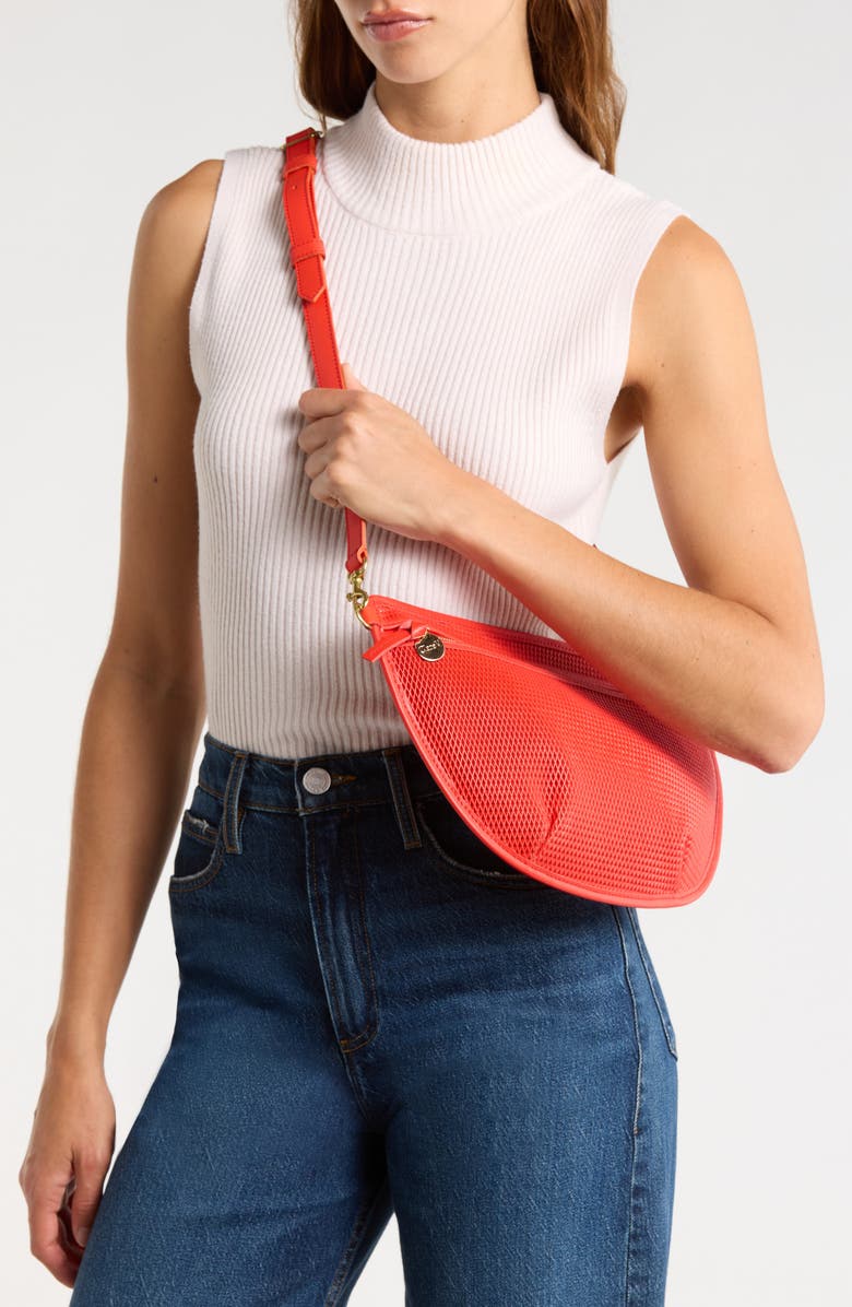 Clare V. Grande Diamond Perforated Leather Belt Bag, Alternate, color, Bright Poppy