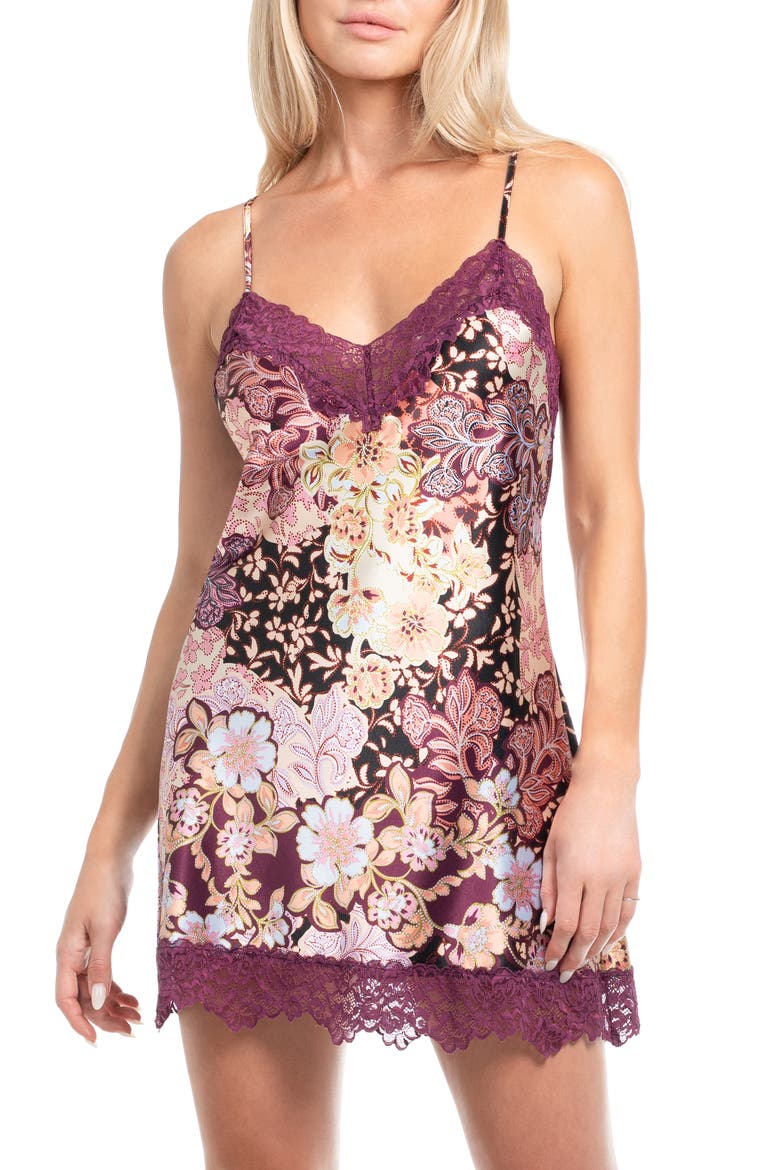 Anna Print Lace Trim Satin Chemise, Main, color, PLUM