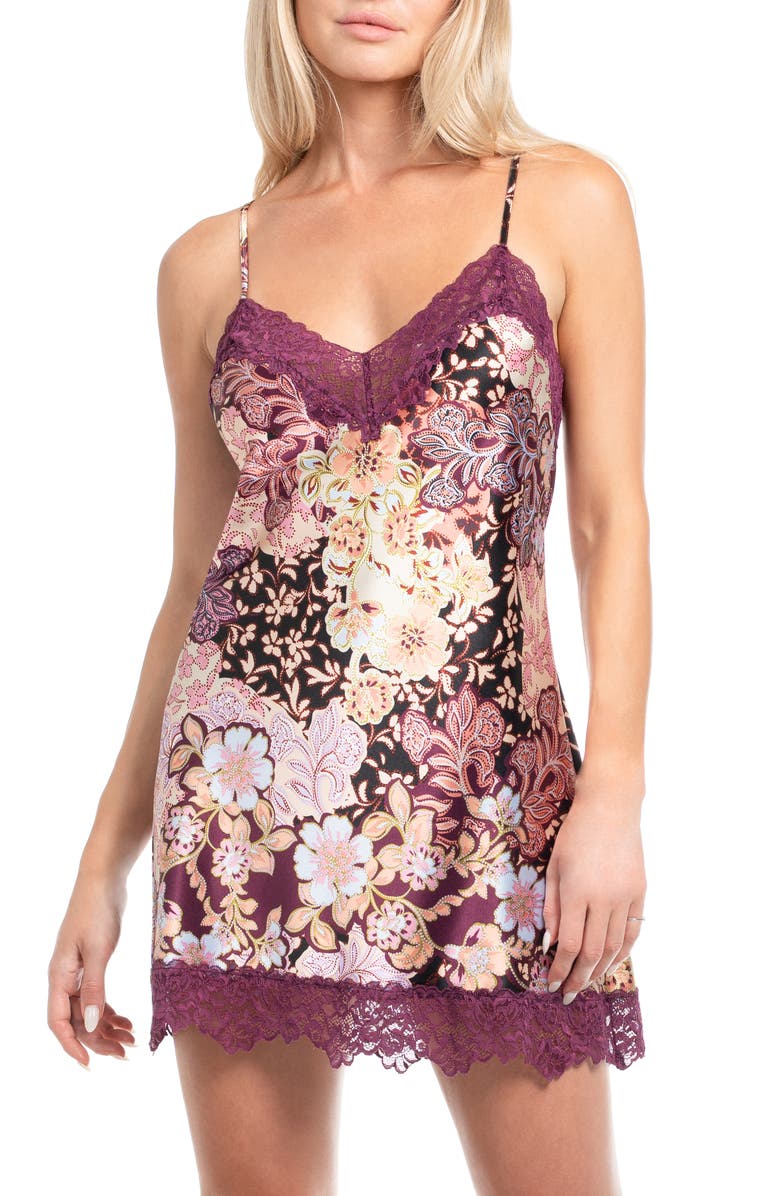 In Bloom by Jonquil Anna Print Lace Trim Satin Chemise, Main, color, Plum