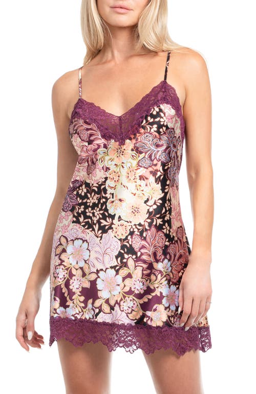 In Bloom By Jonquil Anna Print Lace Trim Satin Chemise In Purple