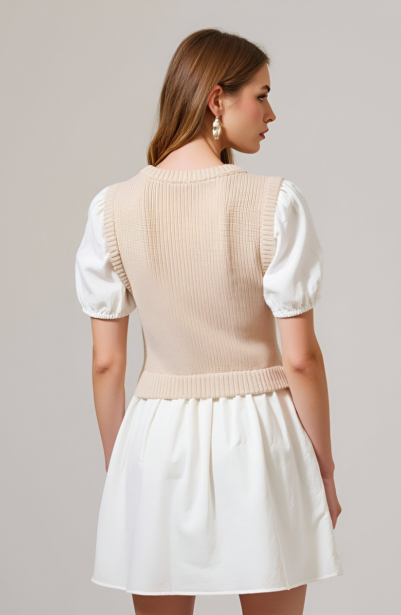 Modenaire Ribbed Sleeveless Sweater Dress with Puff Sleeves, Alternate, color, White