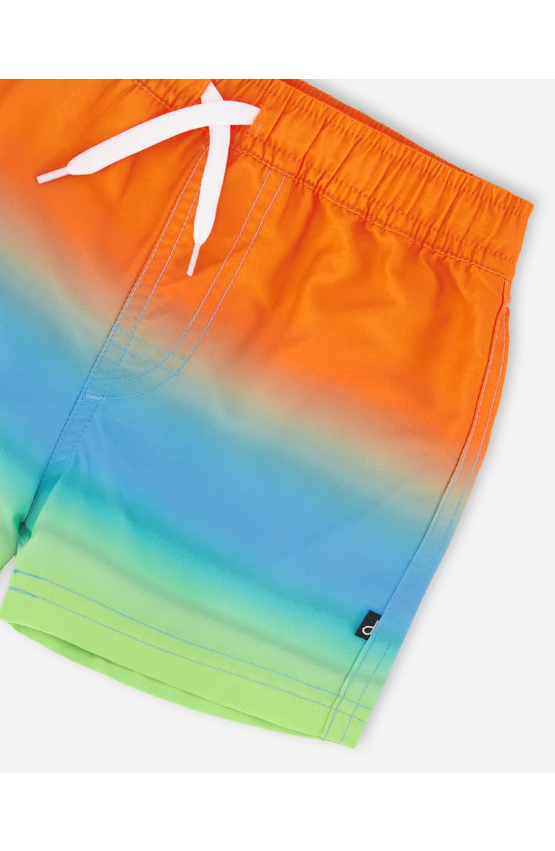 Deux par Deux Mid Thigh Elastic Waist Gradient Boardshorts, Alternate, color, Orange, Blue & Green Gradient