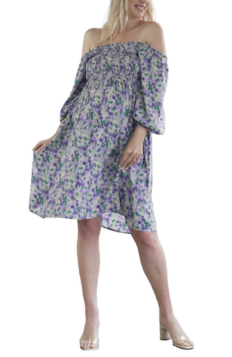 Angel Maternity Smocked Off the Shoulder Long Sleeve Maternity Dress, Alternate, color, Purple Flora