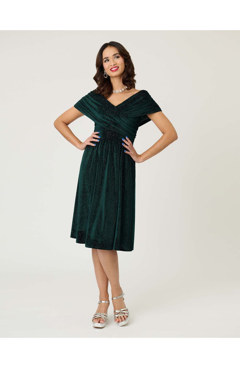 Unique Vintage Shirred Off Shoulder Swing Dress, Main, color, Emerald