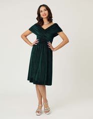 Unique Vintage Shirred Off Shoulder Swing Dress