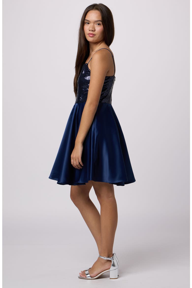 Sequin and Satin Party Dress in Longer Length, Alternate, color, NAVY