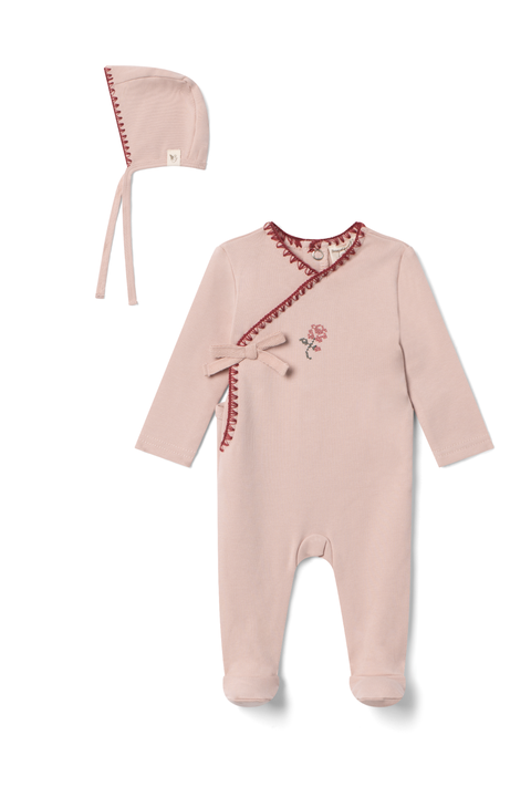 Girl Embroidered Rocking Horse Wrap Romper with Bonnet