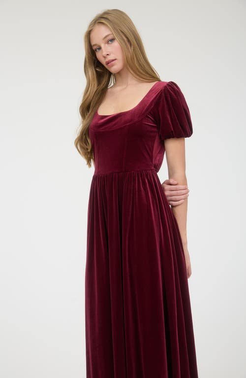 August Sky Puff Sleeve Velvet Fit & Flare Midi Dress In Burgundy