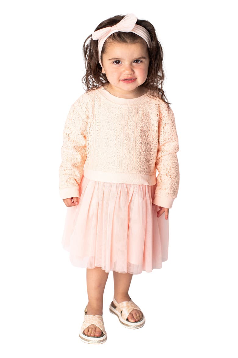 Long Sleeve Lace & Tulle Dress, Main, color, PEACH