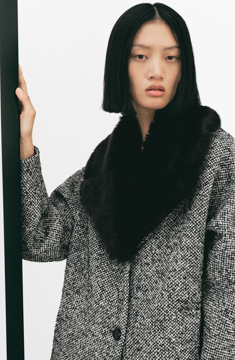 MANGO Mottled Coat with Faux Fur Collar, Alternate, color, Grey Black