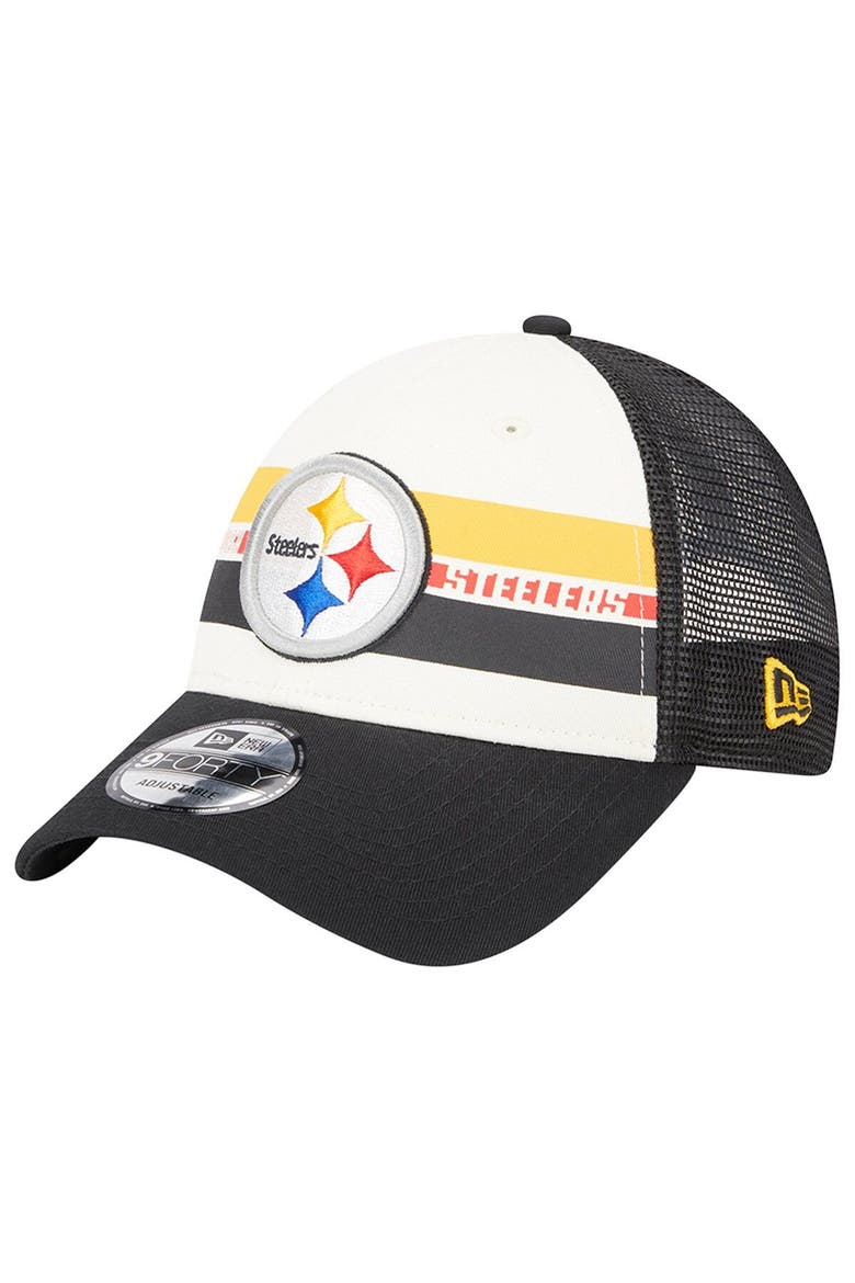 Men's New Era Cream/Black Pittsburgh Steelers Team Stripe Trucker 9FORTY Snapback Hat, Main, color, Cream